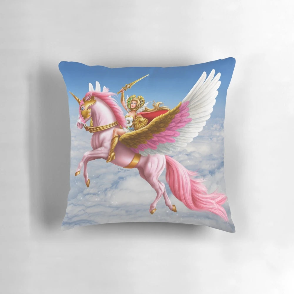 She-Ra and her magical horse Swiftwind flying through the clouds on a plush pillow