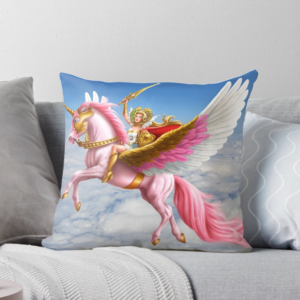 She-Ra and her magical horse Swiftwind flying through the clouds on a plush pillow