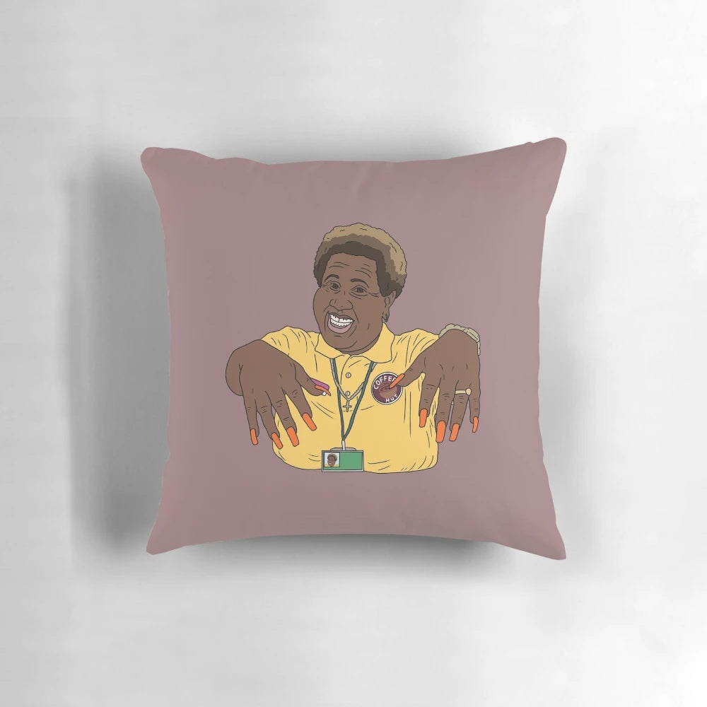 Come Fly With Me" Precious Pillow, a delightful aviation-themed coffee shop decor item featuring a manicured hand holding a coffee cup.
