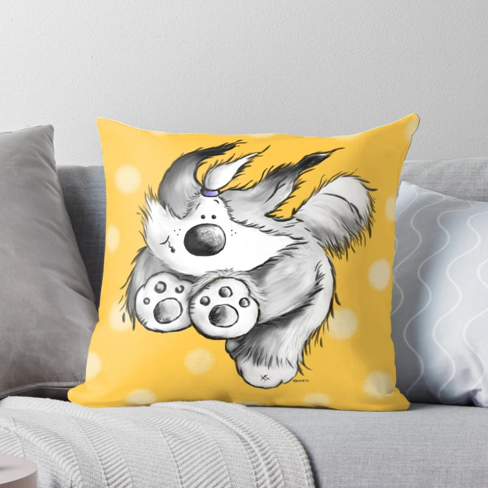Whimsical pillow featuring a flying bearded collie dog breed