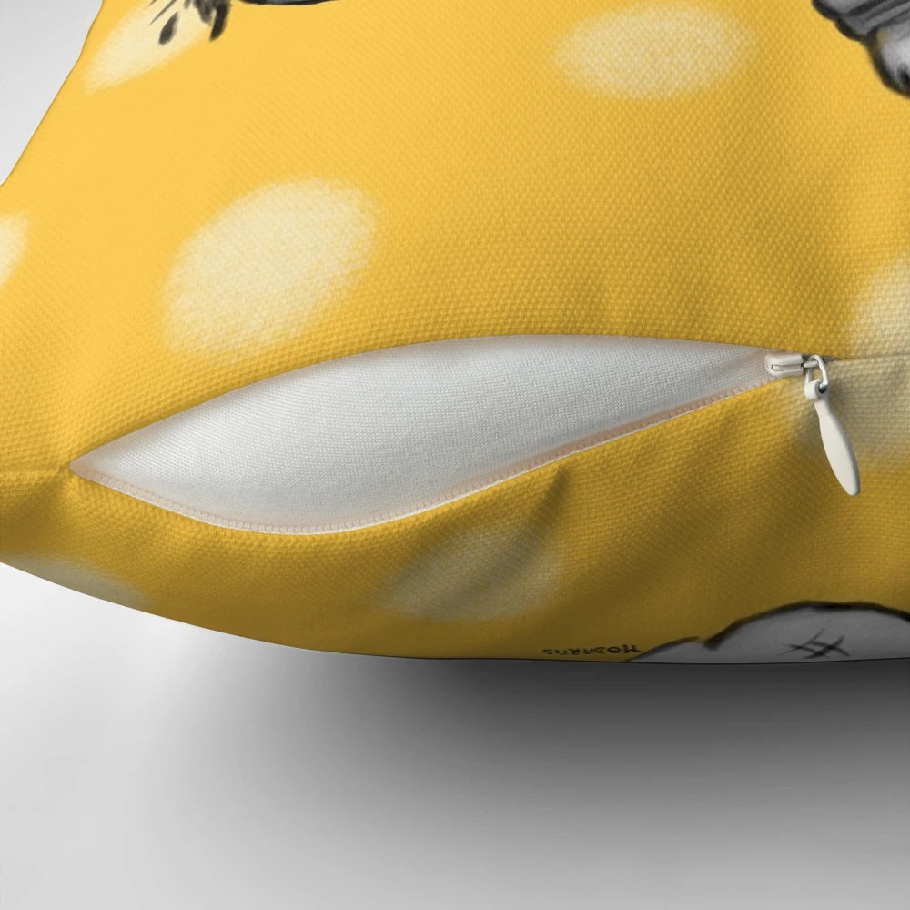 Whimsical pillow featuring a flying bearded collie dog breed