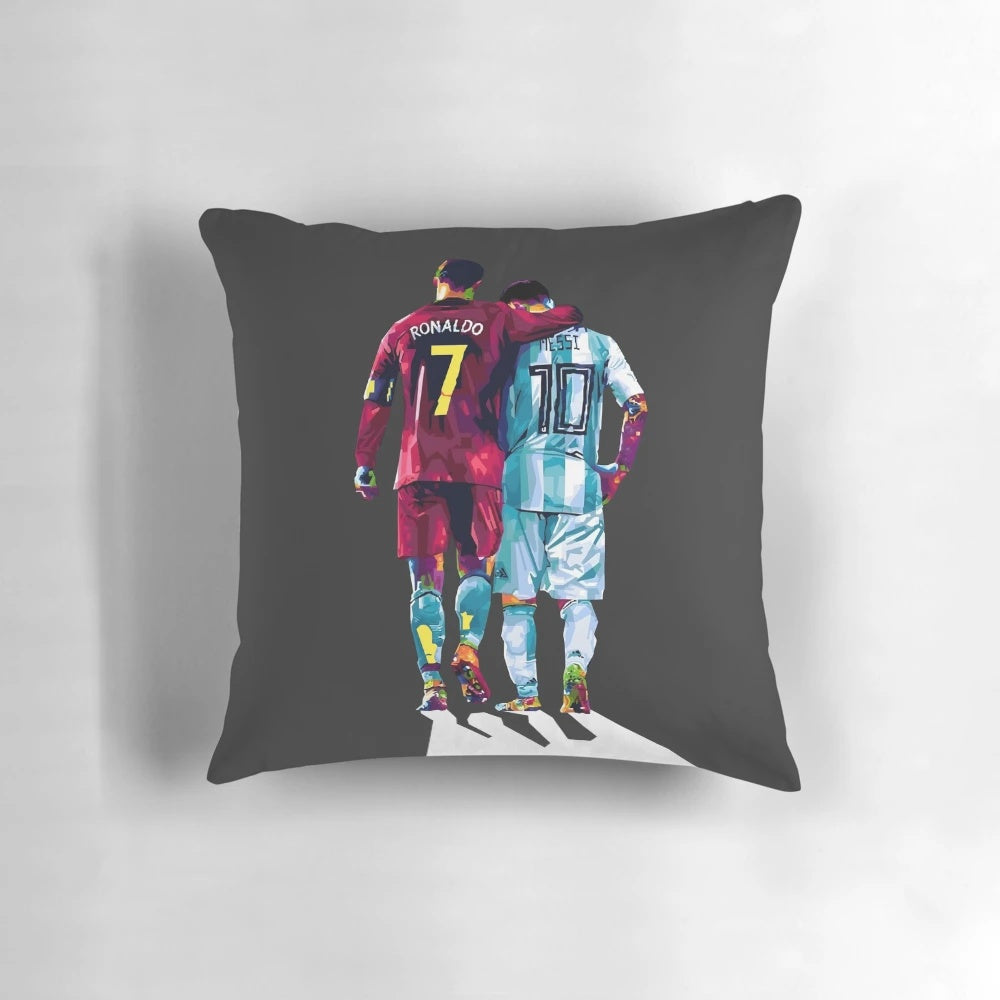 Soccer stars Cristiano Ronaldo and Lionel Messi printed on a white pillow