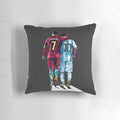 Soccer stars Cristiano Ronaldo and Lionel Messi printed on a white pillow