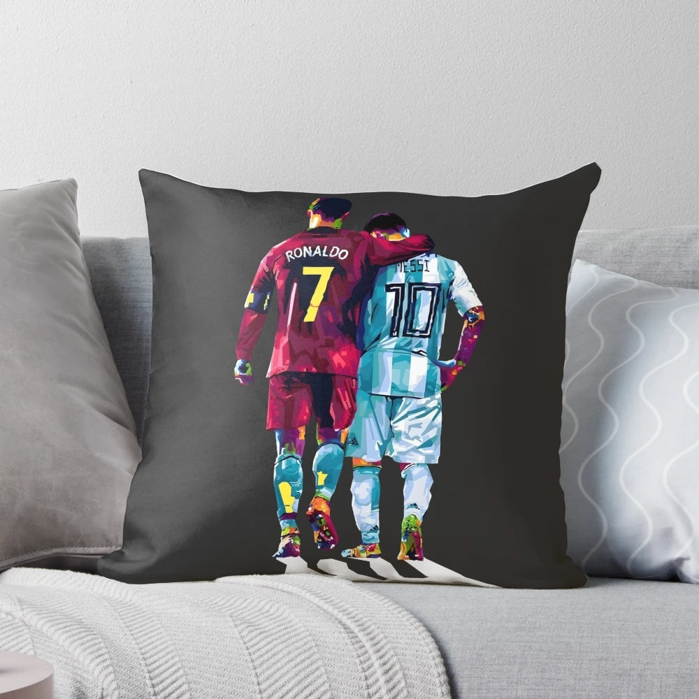 Soccer stars Cristiano Ronaldo and Lionel Messi printed on a white pillow