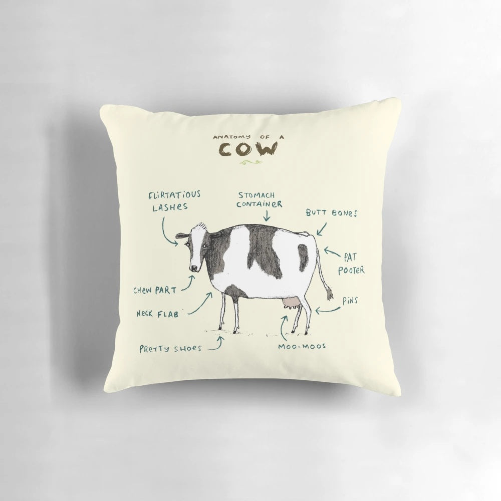 A soft and cuddly cow-shaped pillow with detailed anatomy features.