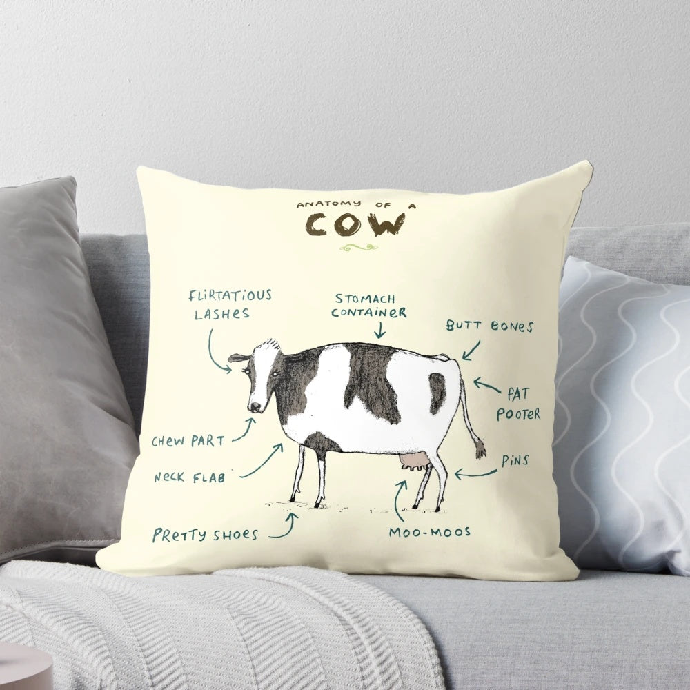 A soft and cuddly cow-shaped pillow with detailed anatomy features.