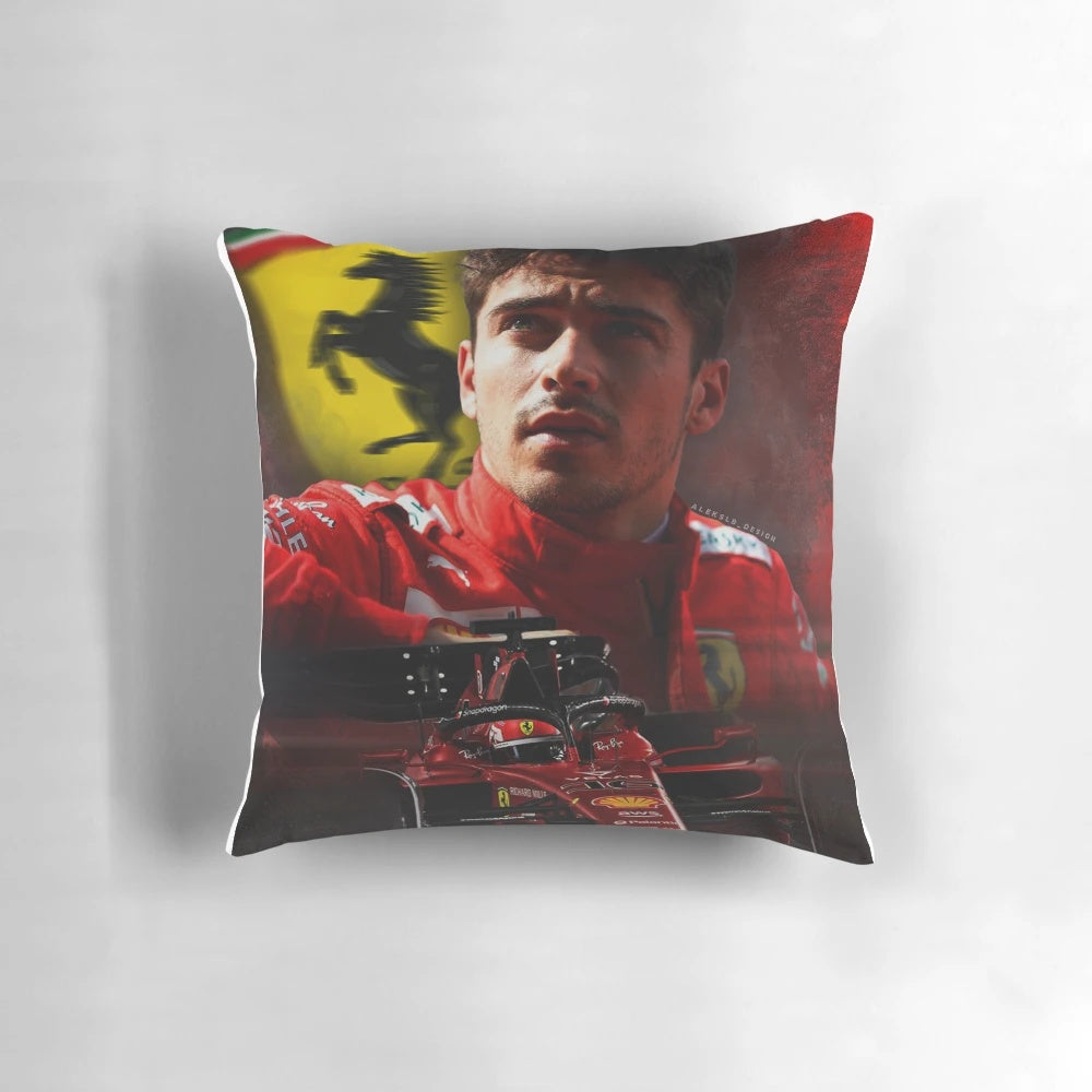 Soft and plush pillow featuring the image of Formula 1 driver Charles Leclerc