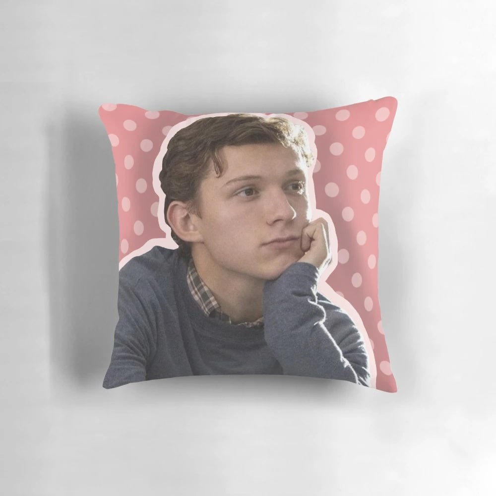 Soft and cozy pillow featuring a photo of actor Tom Holland