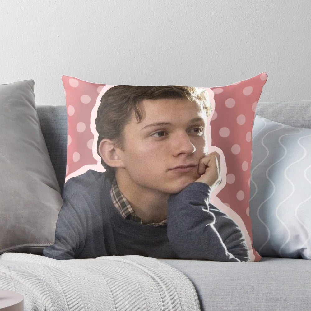 Soft and cozy pillow featuring a photo of actor Tom Holland