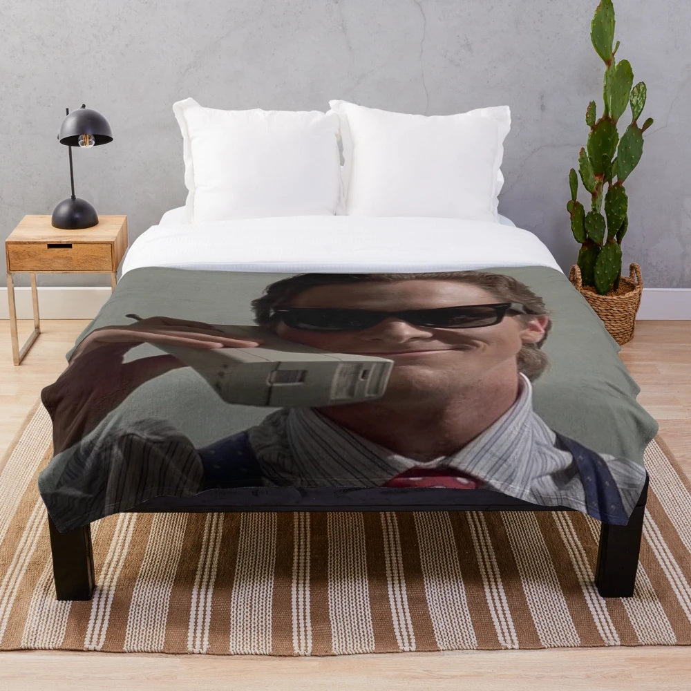 Soft and plush American Psycho-themed blanket featuring the iconic character Patrick Bateman