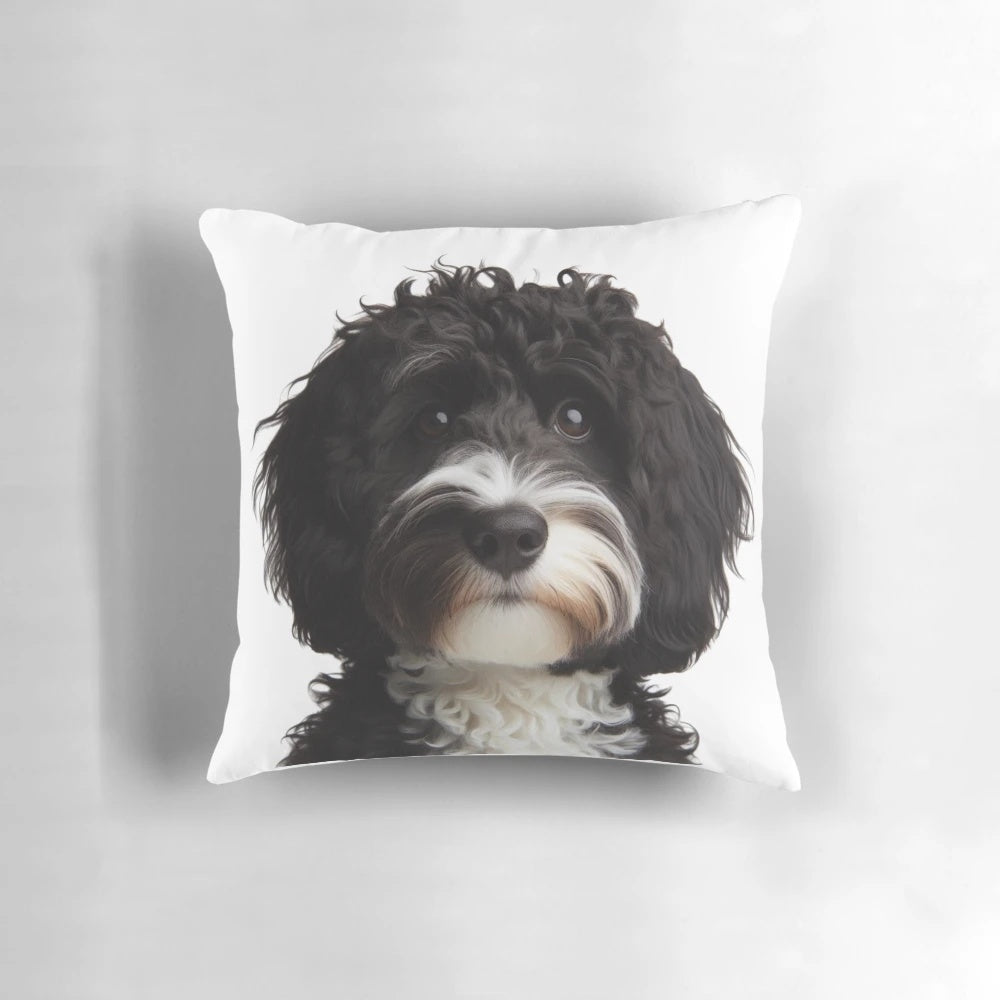 Soft and plush black and white cockapoo doodle pillow