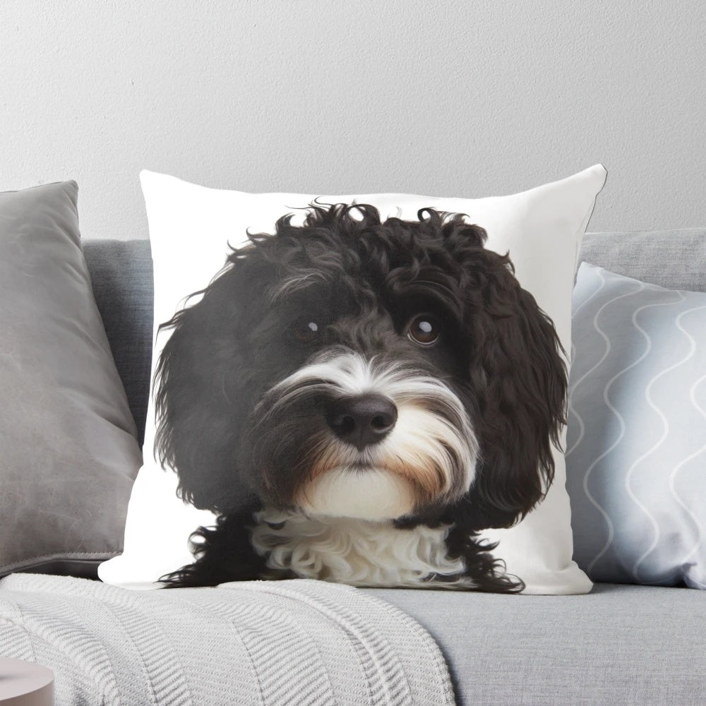 Soft and plush black and white cockapoo doodle pillow