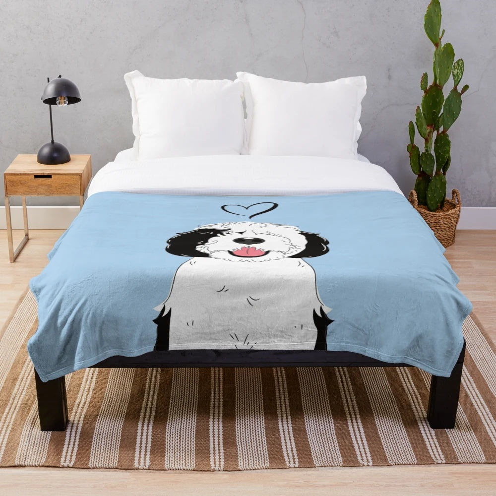 Soft black and white sheepadoodle plush blanket