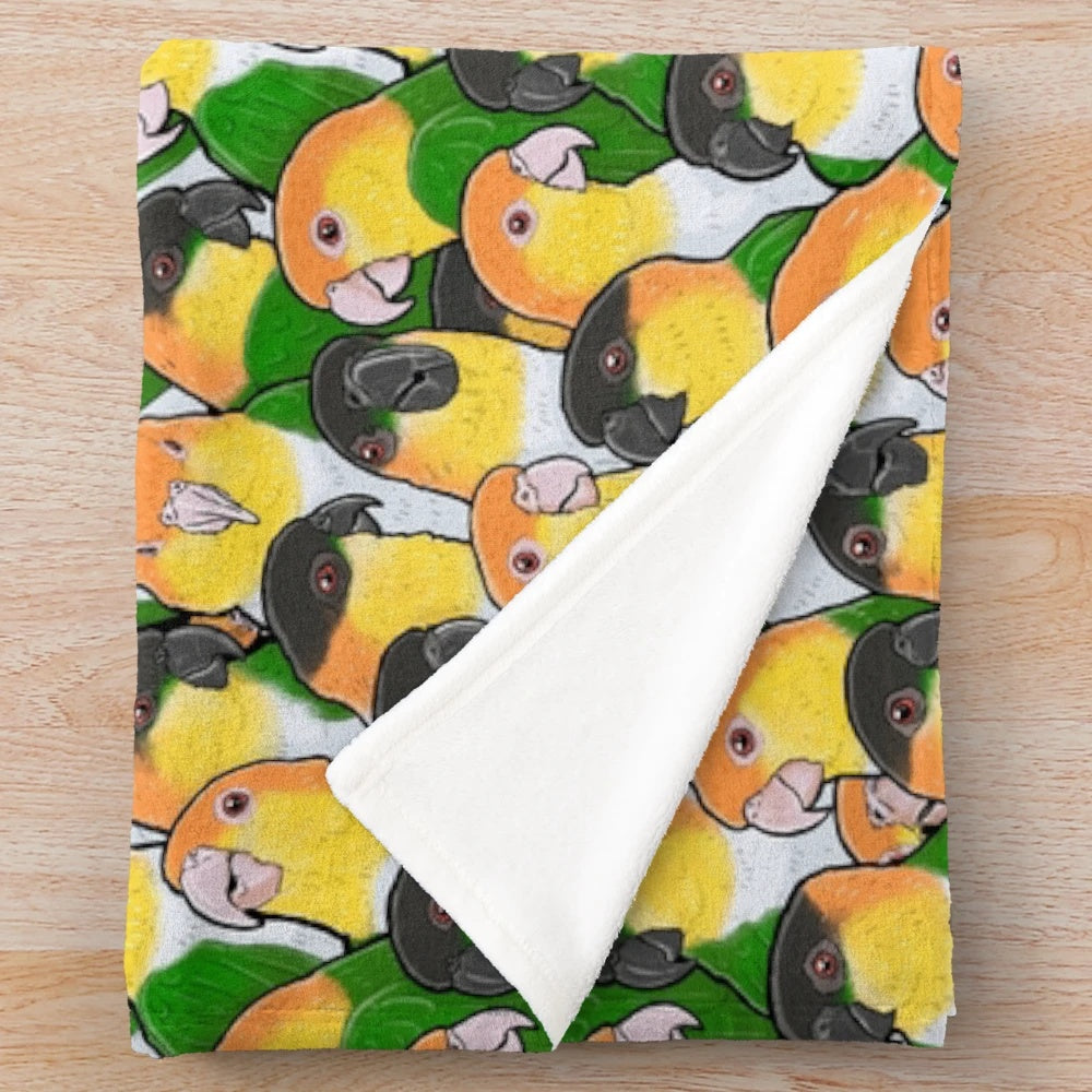 Soft and cuddly plush blanket featuring a cute caique parrot design
