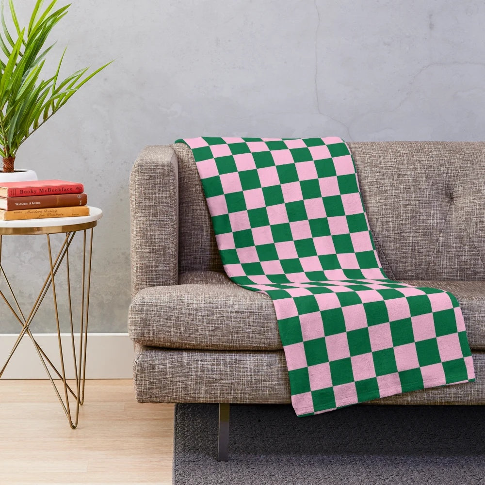 Soft and cozy cotton candy pink and cadmium green checkered plush blanket