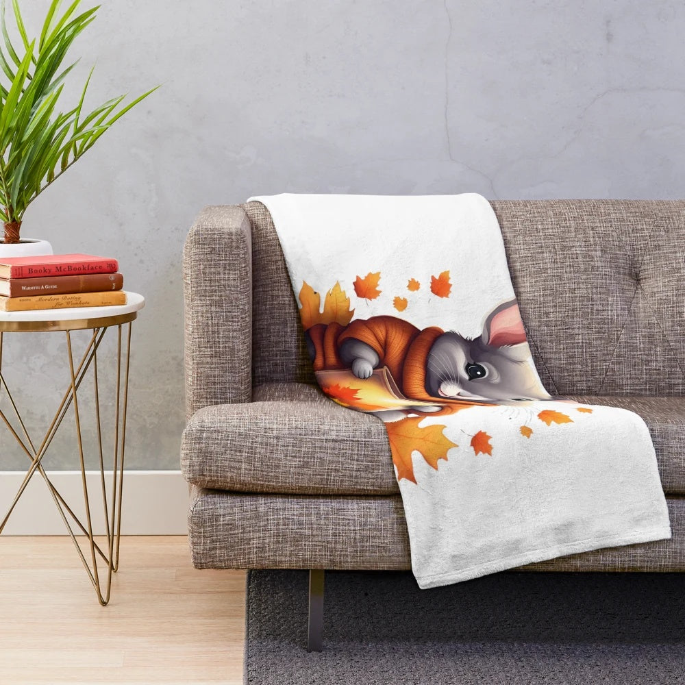 Soft and cuddly chinchilla plush blanket with cozy autumn and fall design