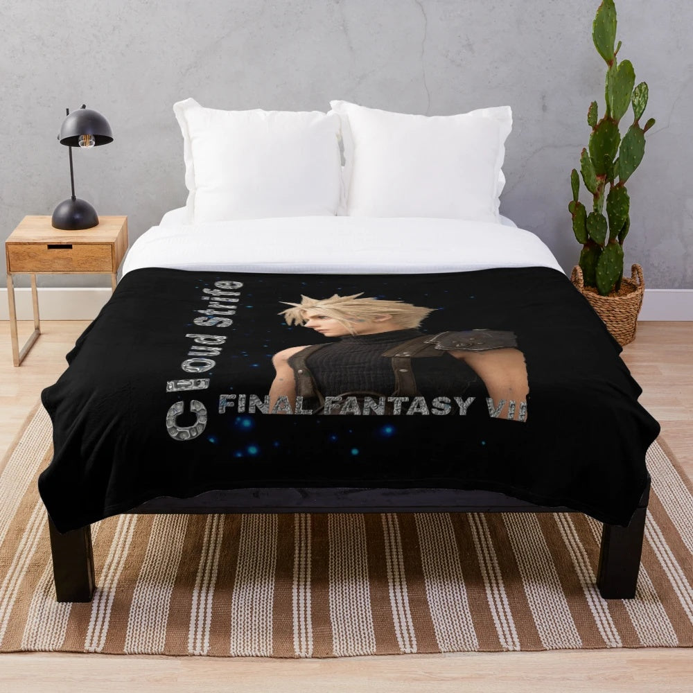 Cloud Strife inspired plush blanket featuring the iconic character from Final Fantasy 7