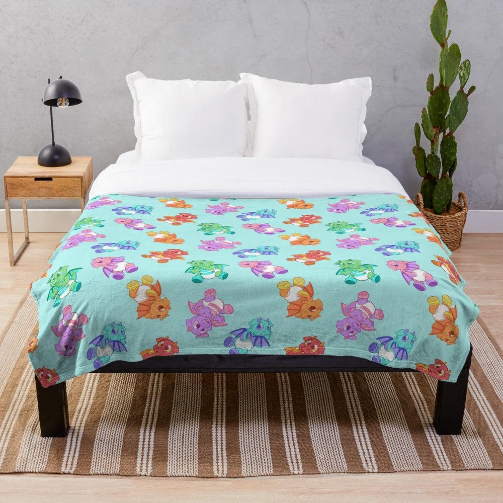 Lil Dragons Cyan Background Plush Blanket
