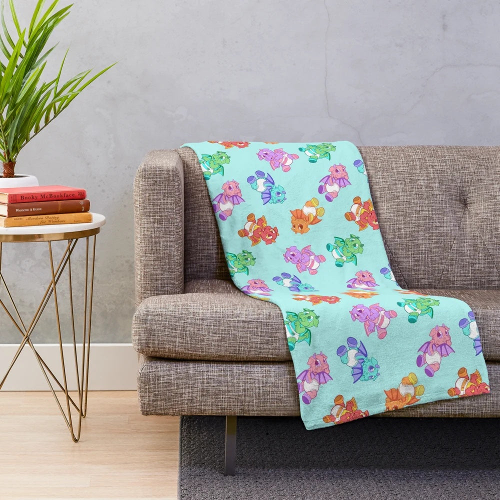 Lil Dragons Cyan Background Plush Blanket