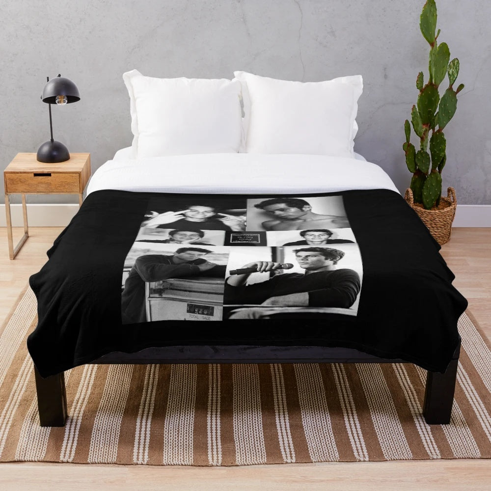 Dylan O'Brien inspired plush blanket with images of the actor and his popular TV show character Stiles