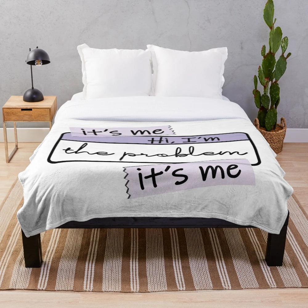 Soft and plush purple blanket with "I'm the Problem" design, inspired by Taylor Swift's Midnights album