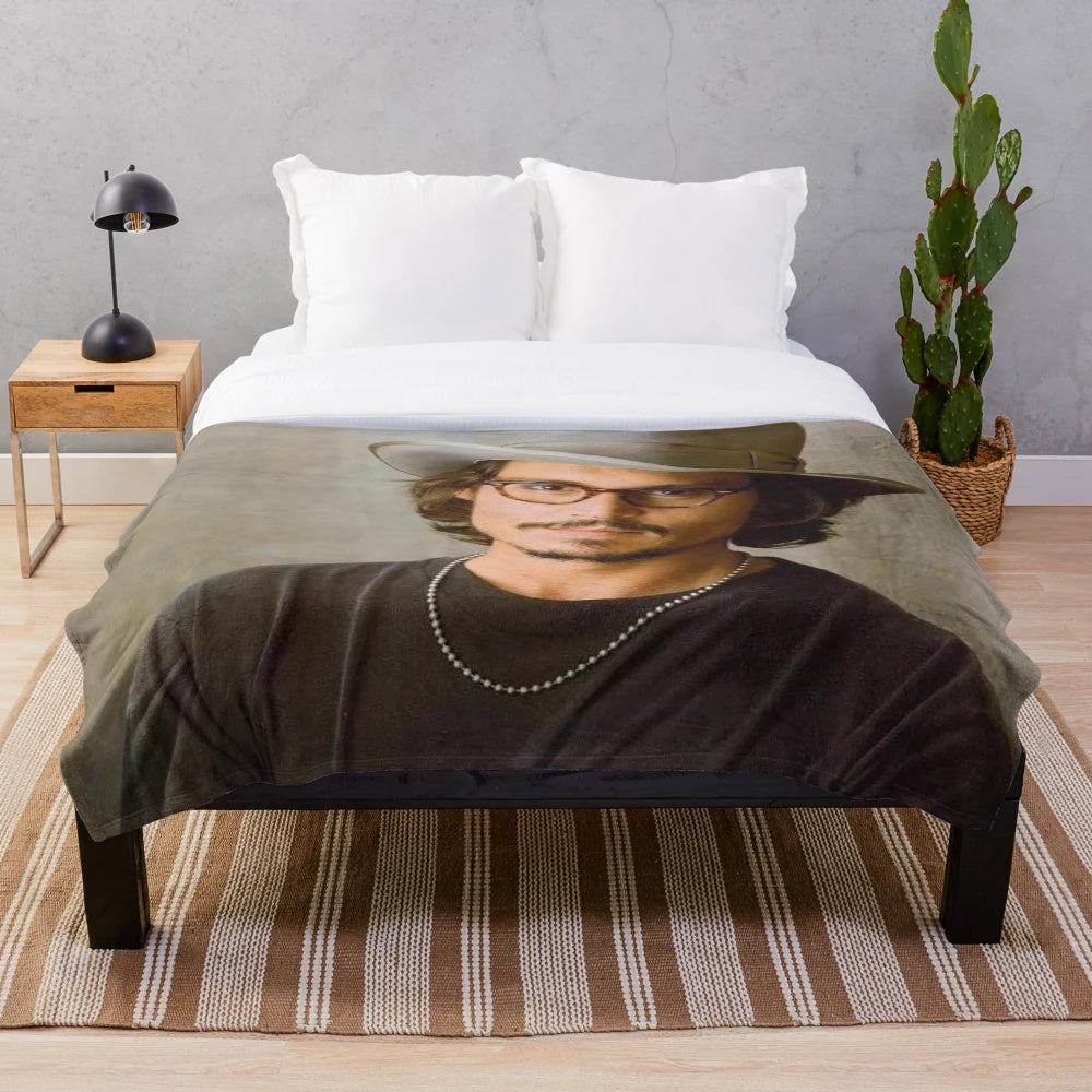Johnny Depp-inspired plush blanket with actor's portrait and pop culture references