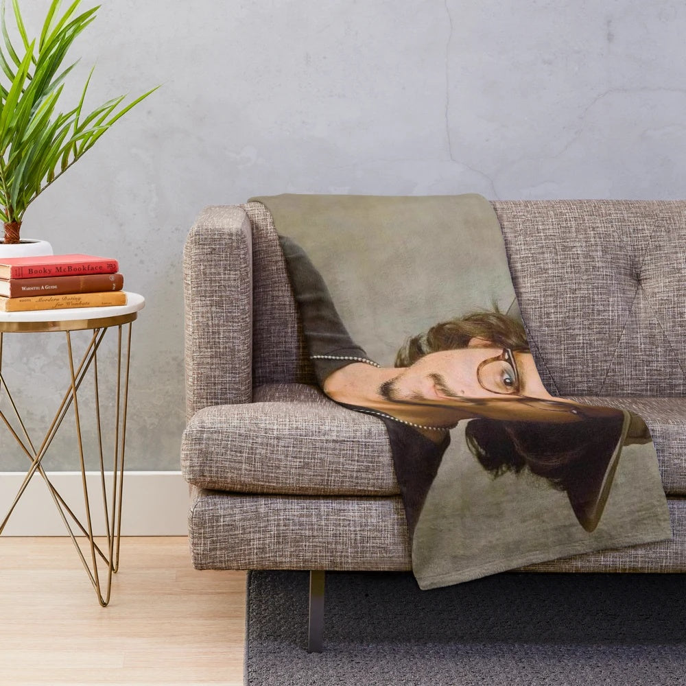 Johnny Depp-inspired plush blanket with actor's portrait and pop culture references