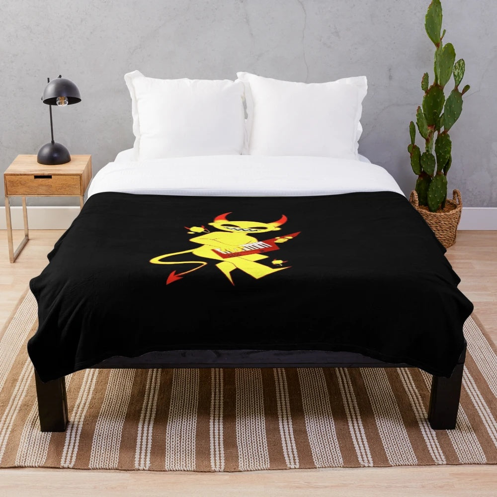A soft and plush blanket featuring the Lemon Demon logo and design