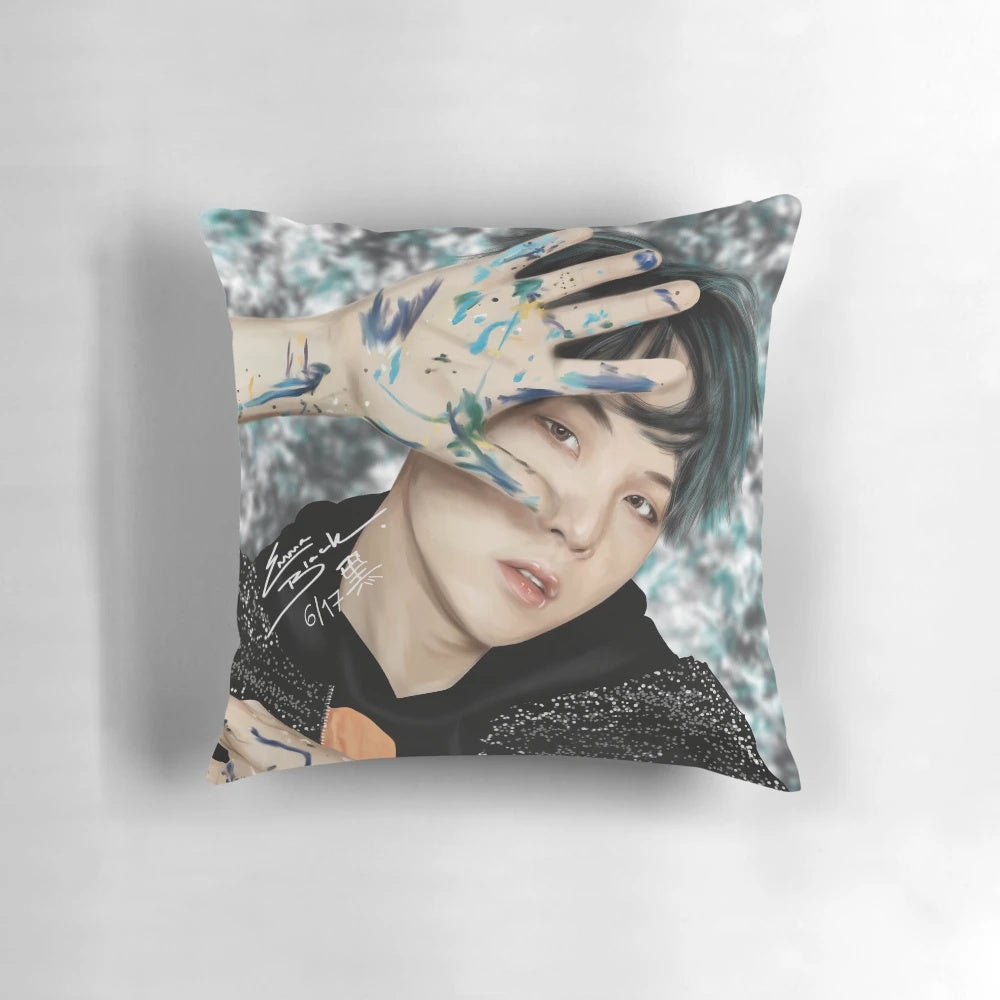 Soft and plush Min Yoongi (BTS Suga) Pillow with a beautiful background design