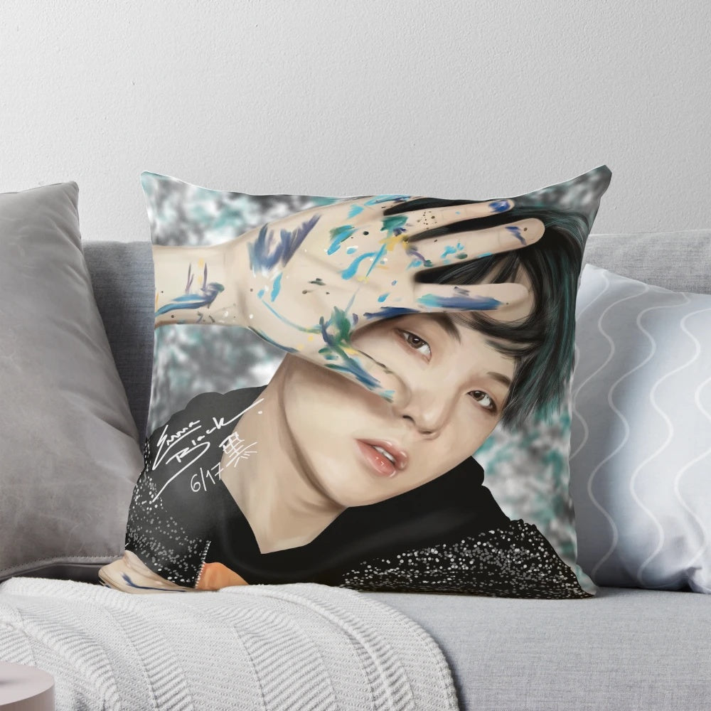 Soft and plush Min Yoongi (BTS Suga) Pillow with a beautiful background design
