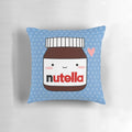 Plush pillow in the shape of a Nutella jar, featuring a chocolatey and hazelnut design.