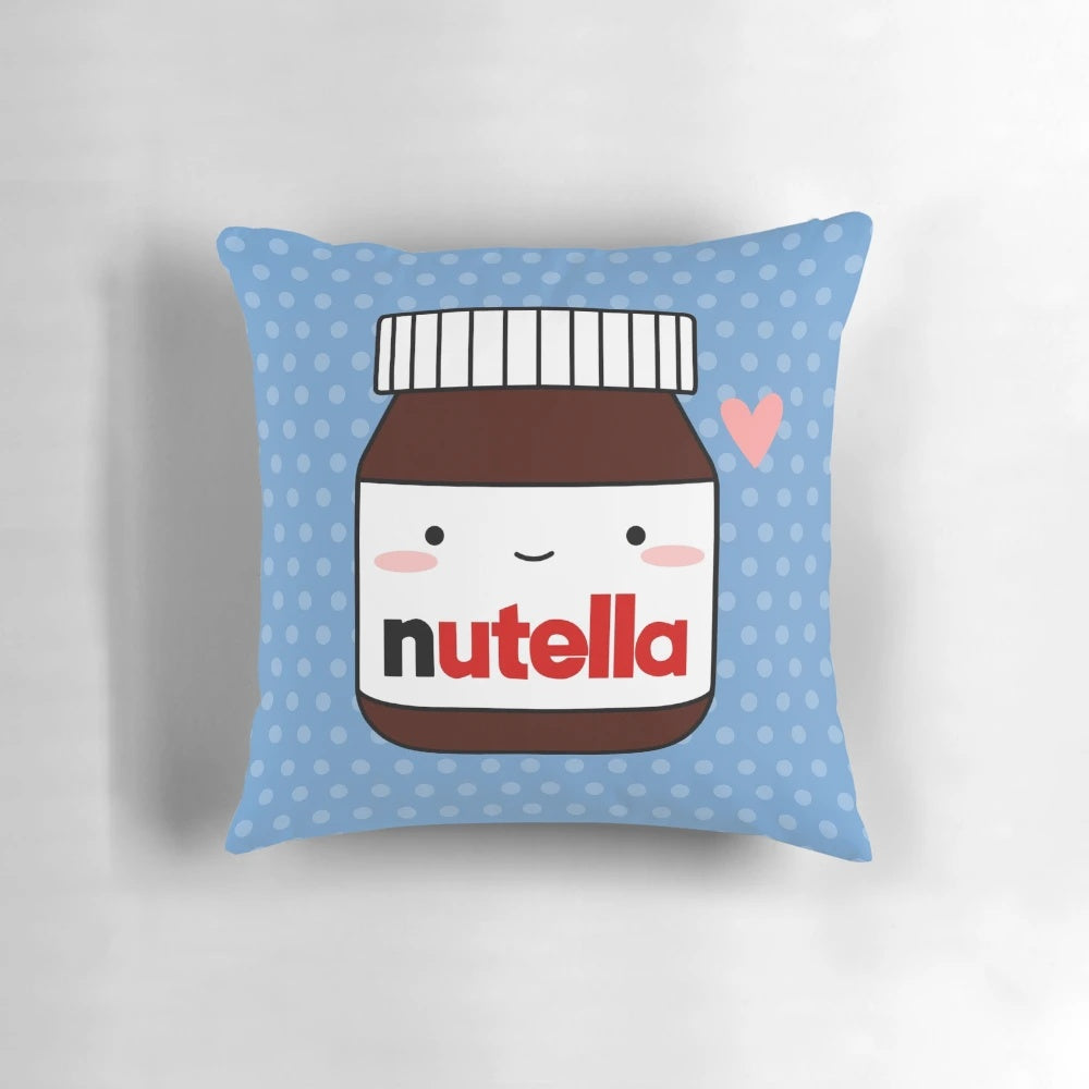 Plush pillow in the shape of a Nutella jar, featuring a chocolatey and hazelnut design.