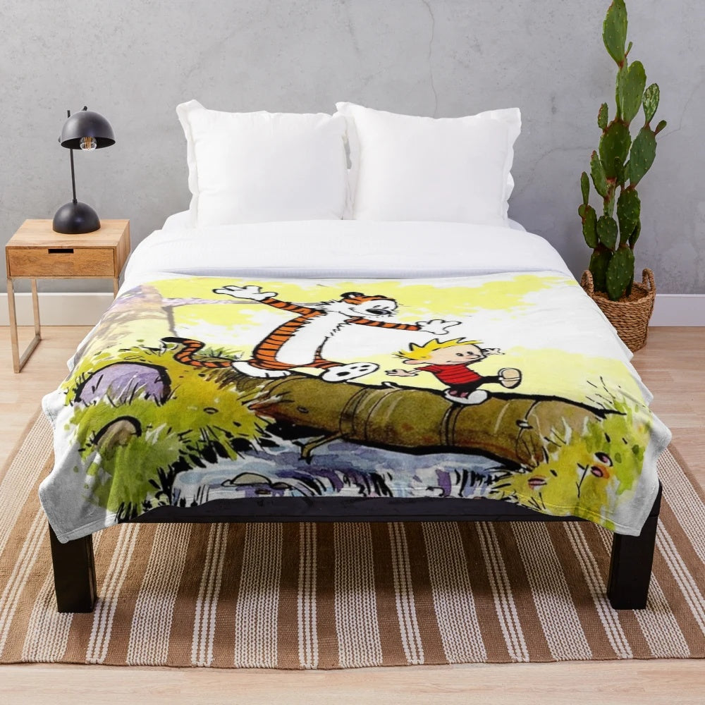 Plush blanket with Calvin and Hobbes cartoon characters