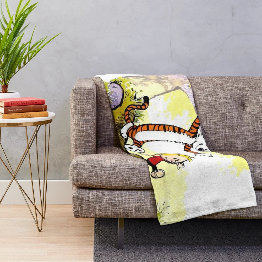 Plush blanket with Calvin and Hobbes cartoon characters