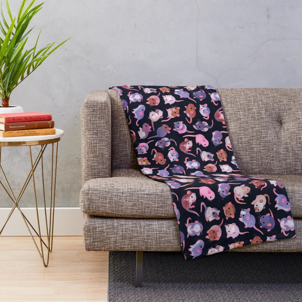 Soft and cuddly plush blanket featuring an image of a variety of cute pet rats