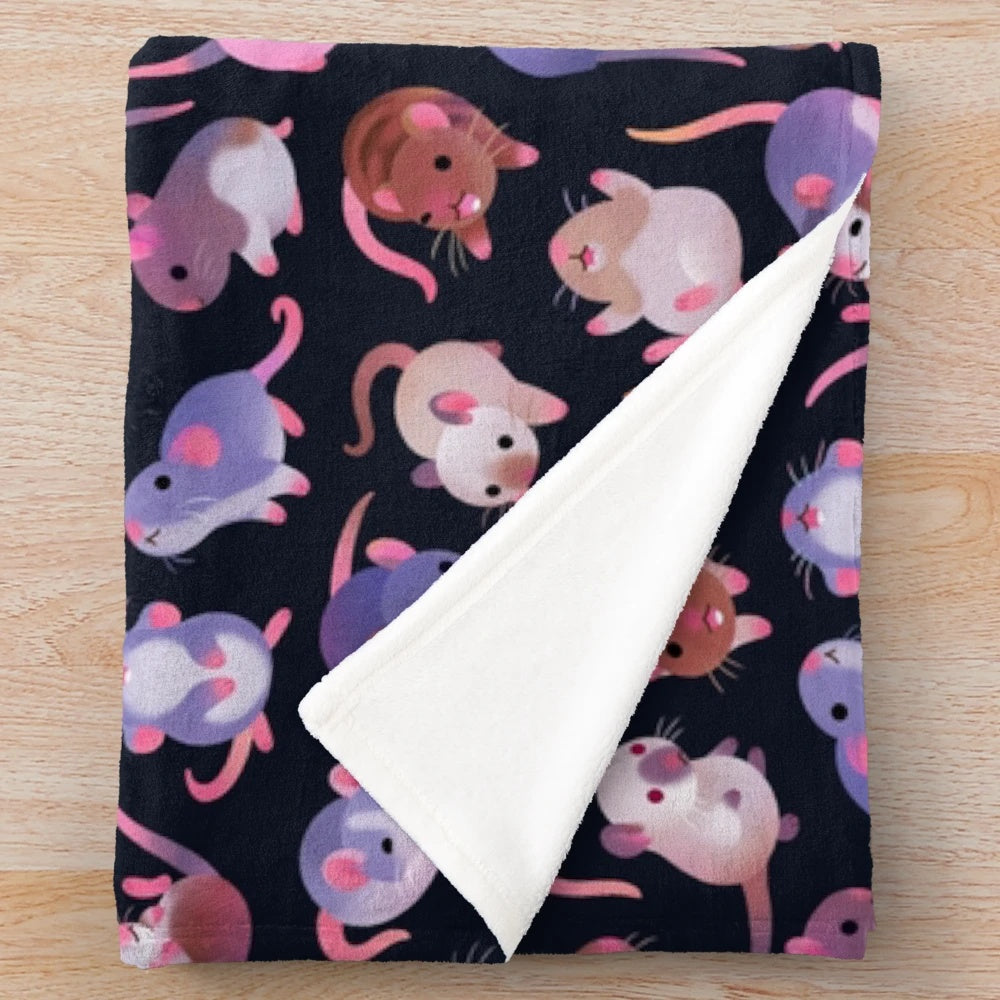 Soft and cuddly plush blanket featuring an image of a variety of cute pet rats