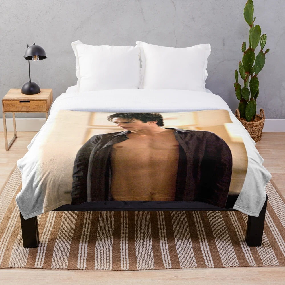 Plush blanket featuring hot damon scene from vampire diaries
