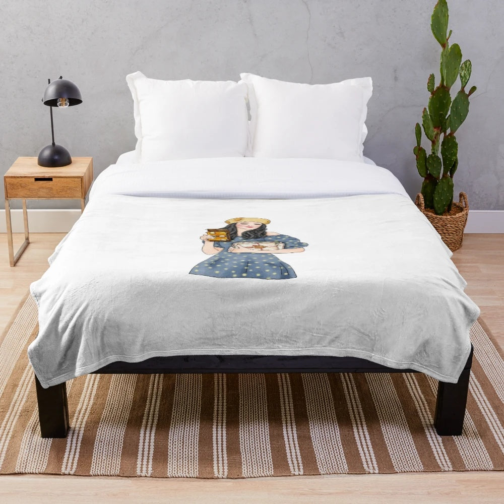 Plush blanket featuring a girl with paper hobbies