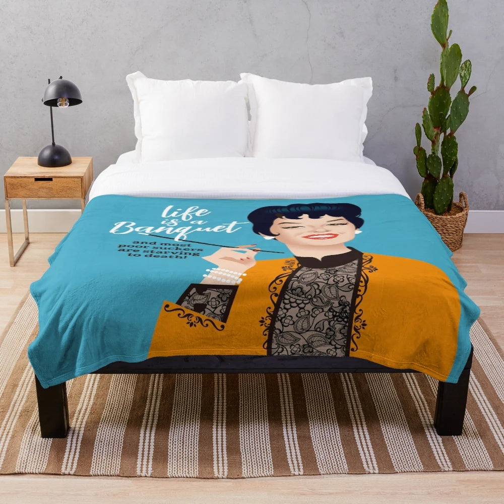 Soft and cozy plush blanket featuring artwork inspired by the classic Hollywood movie Auntie Mame