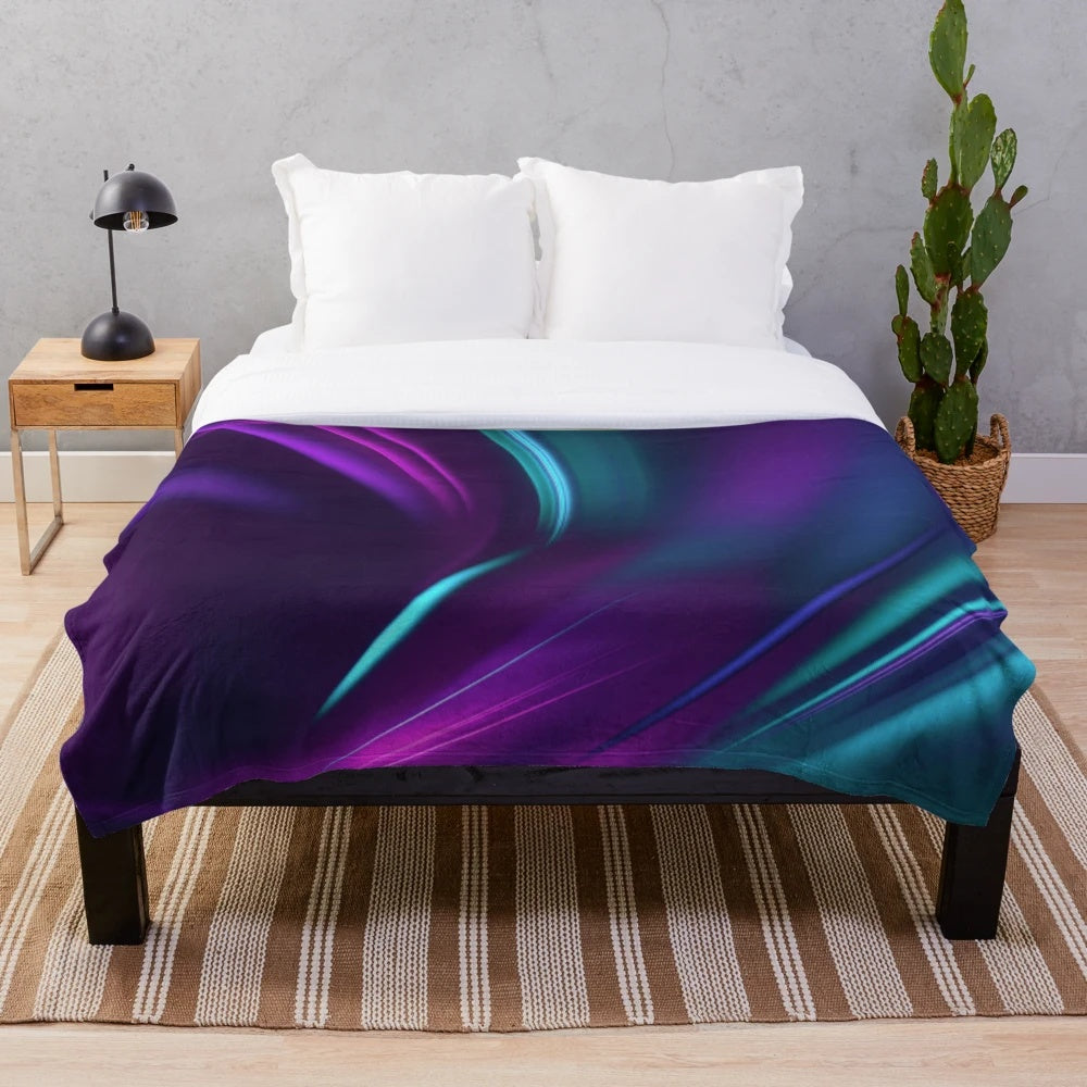 Soft and plush blanket with a swirling teal and purple pattern