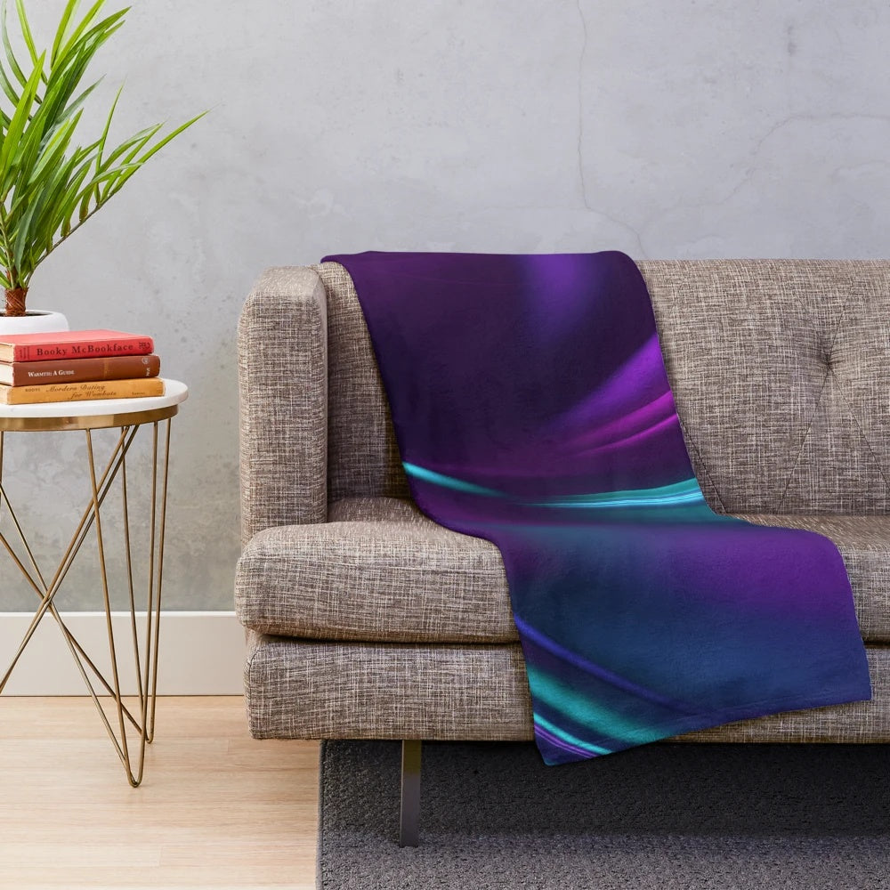 Soft and plush blanket with a swirling teal and purple pattern
