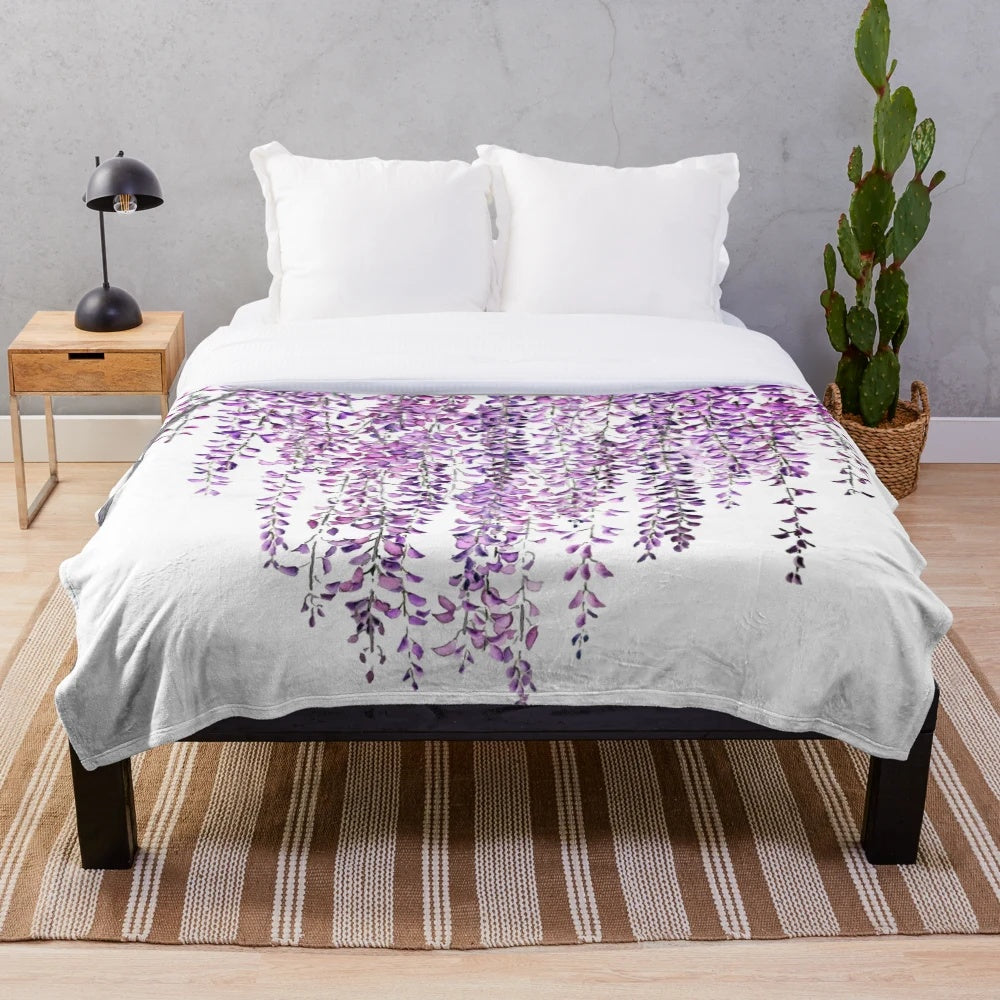 Plush blanket with hand-painted purple wisteria flowers in bloom