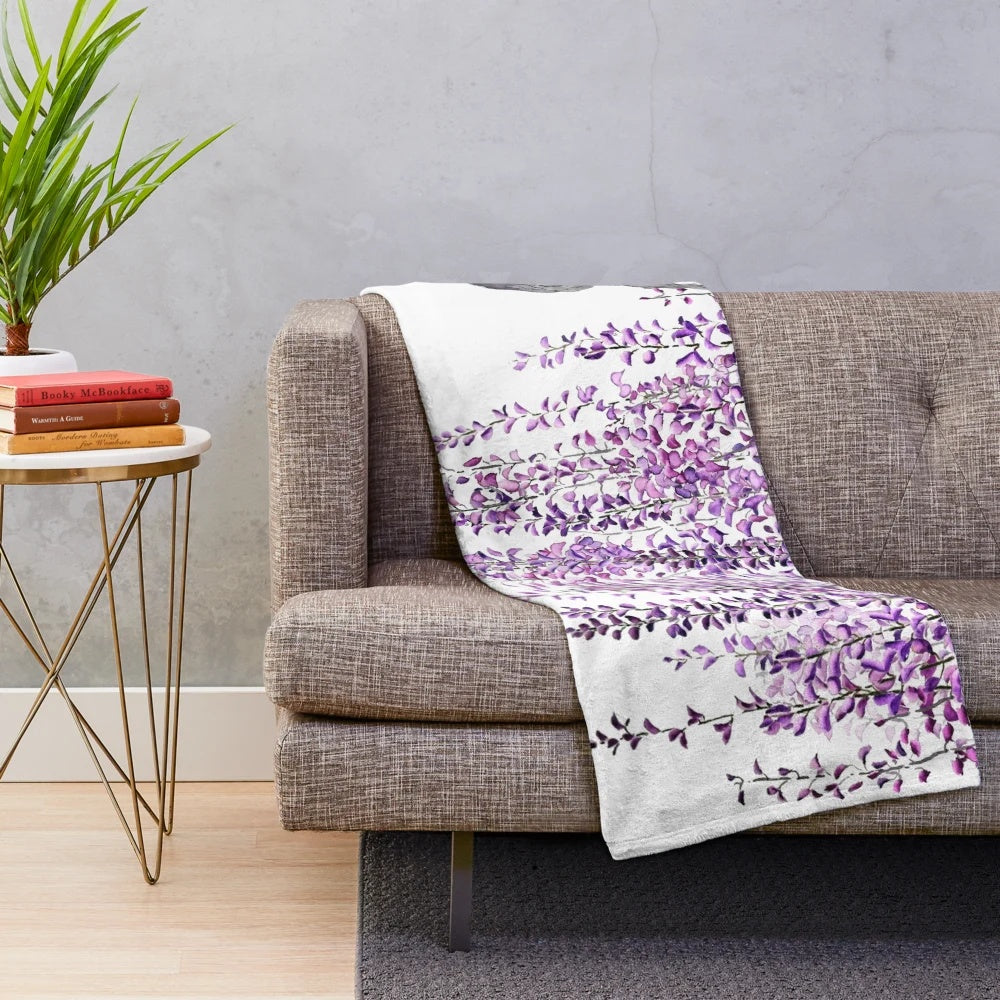Plush blanket with hand-painted purple wisteria flowers in bloom