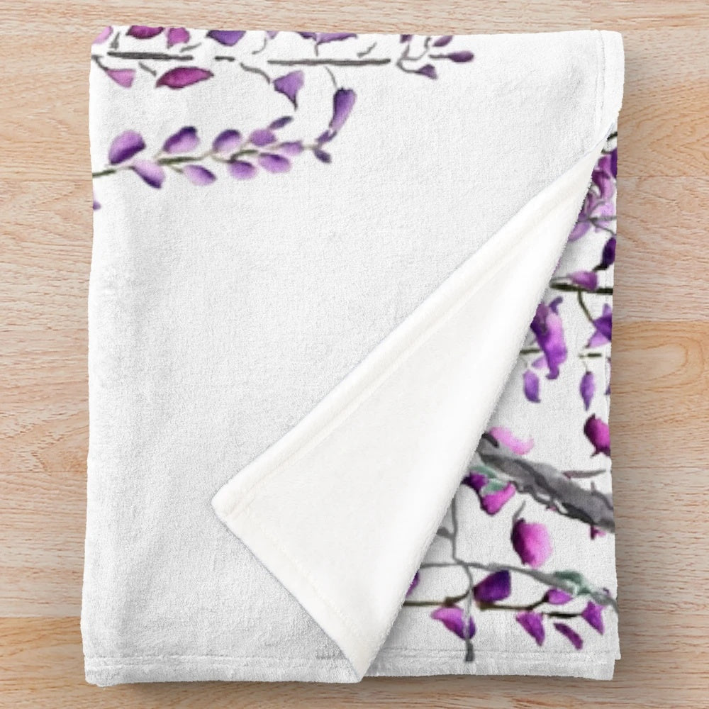 Plush blanket with hand-painted purple wisteria flowers in bloom