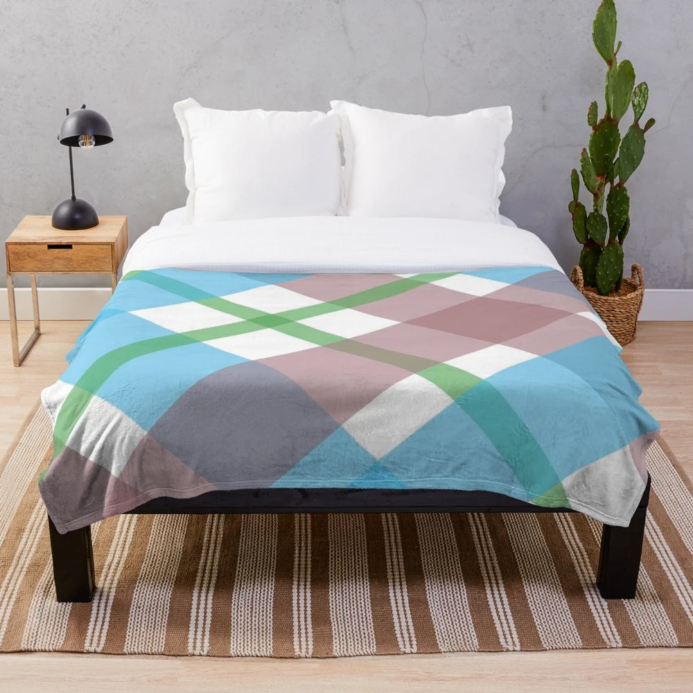 Scottish tartan plush blanket in blue, green, and white