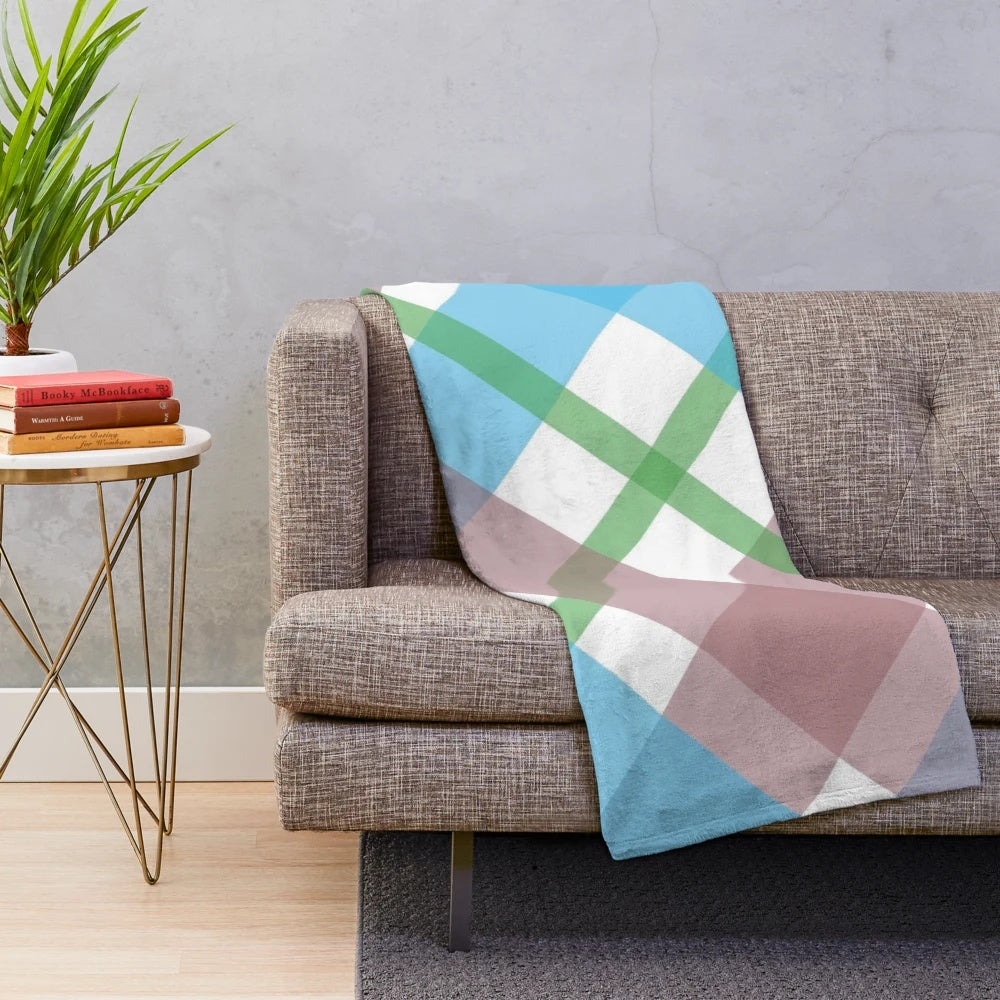 Scottish tartan plush blanket in blue, green, and white