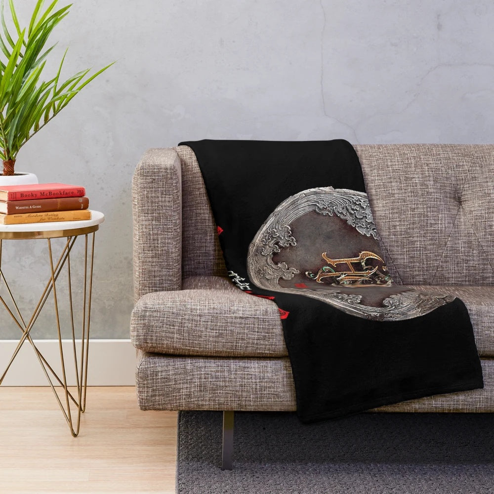 The Hu-inspired plush blanket featuring the band's iconic dragon logo and elements from the Genshin Impact game