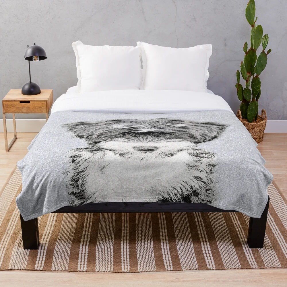 Tibetan Terrier dog portrait on a plush black and white blanket
