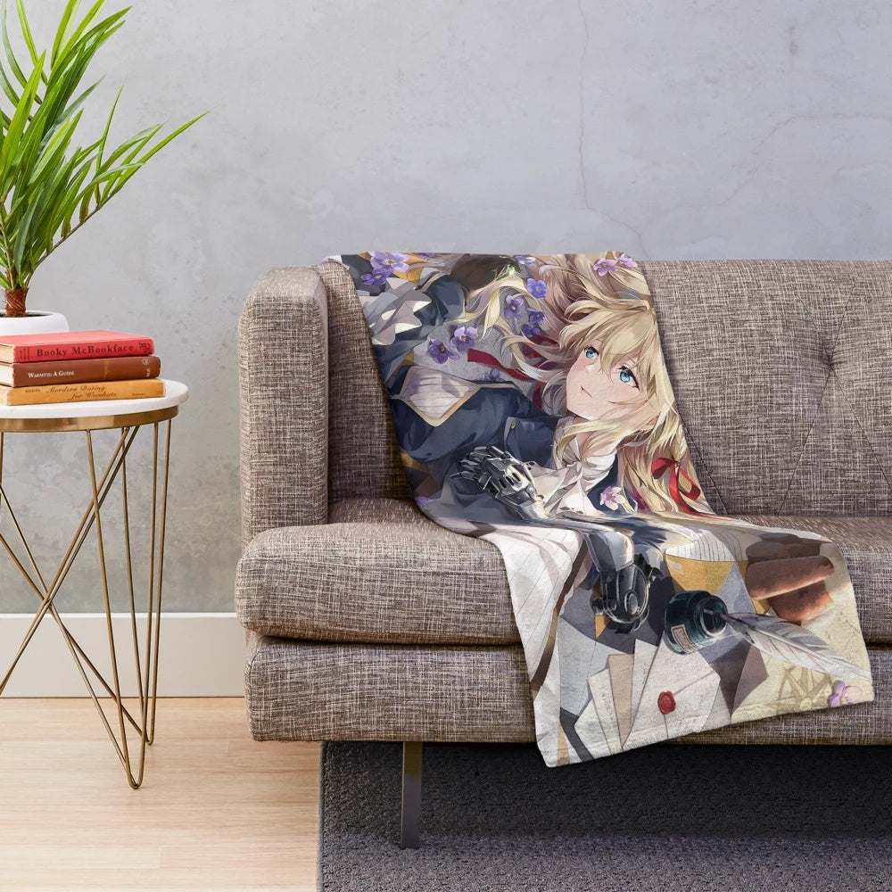 Violet Evergarden inspired plush blanket with a soft and cozy design