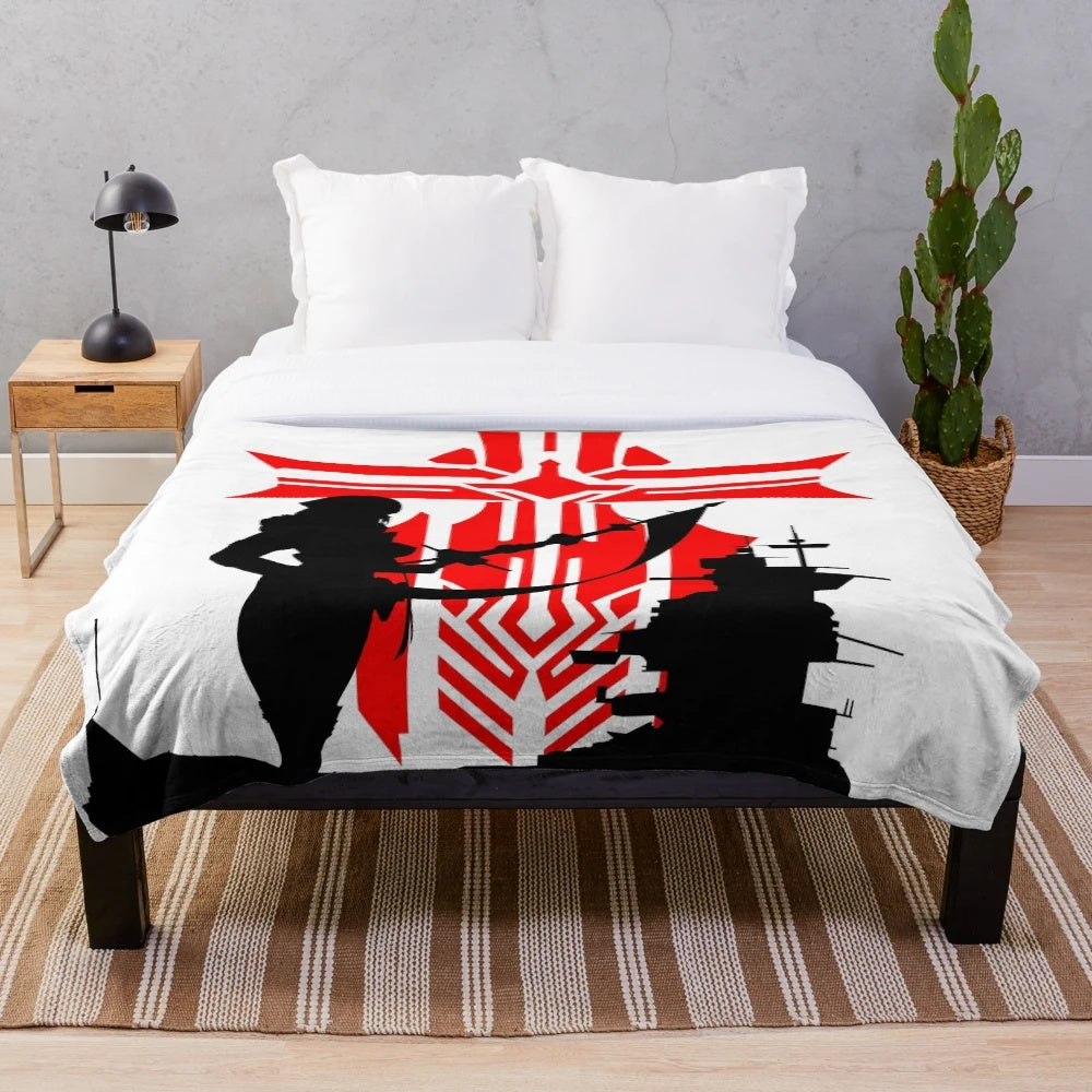 White plush blanket with anime and gaming inspired design